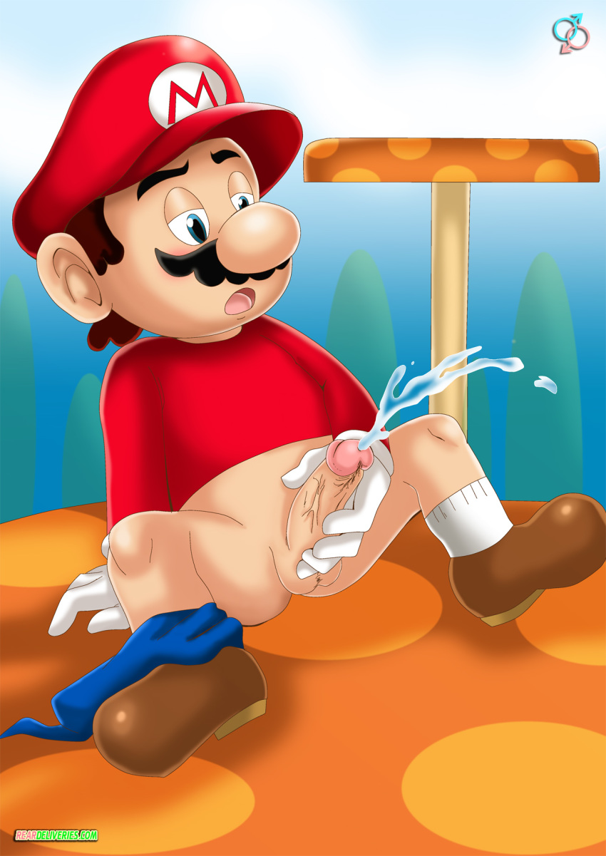 1boy blue_eyes blush bottomless brown_hair cum cumshot digital_media_(artwork) ejaculating_cum gay gloves handjob hat holding_penis jacking_off male male_only mario mario_(series) masturbation moustache mouth_open nintendo orgasm_face orgasm_from_handjob pants_around_one_leg penis rear_deliveries shoes small_balls socks_and_shoes solo spread_legs stroking_cock super_mario_bros. veiny_penis yaoi