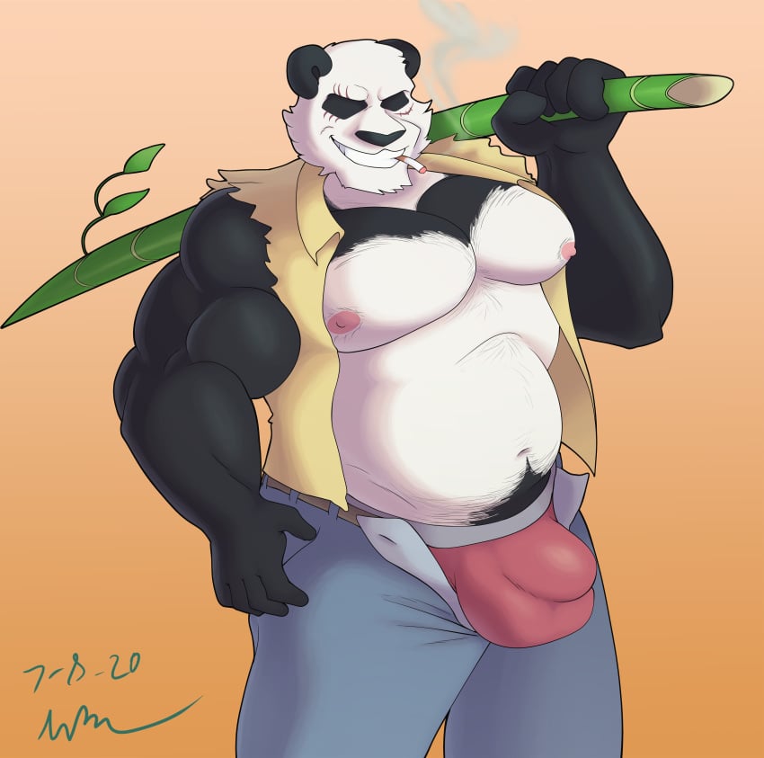 1boy 2020 absurd_res anthro bamboo beastars belly belt black_body black_fur bottomwear bulge cigarette clothed clothing facial_scar fur genital_outline giant_panda gouhin grin hi_res jeans male male_only mammal musclegut muscular muscular_anthro muscular_male navel nipples open_clothing open_topwear pants pecs penis_outline scar sleeveless_shirt smile solo topwear unbuttoned_pants underwear ursid voyagersscrapbook white_body white_fur