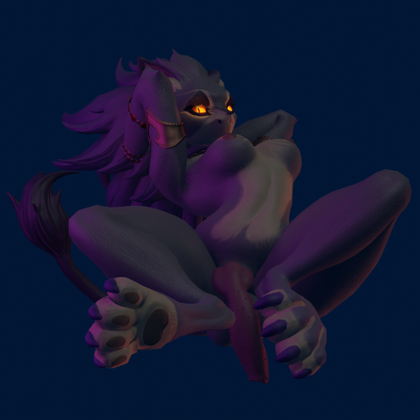 1:1 anthro ass balls belladonna_(trials_of_mana) breasts catsockjus crossed_legs ear_piercing felid flaccid floating futanari genitals glistening glistening_eyes hi_res intersex jewelry looking_at_viewer mammal nails necklace nipples nude orange_eyes paws penile_spines penis piercing purple_body solo trials_of_mana