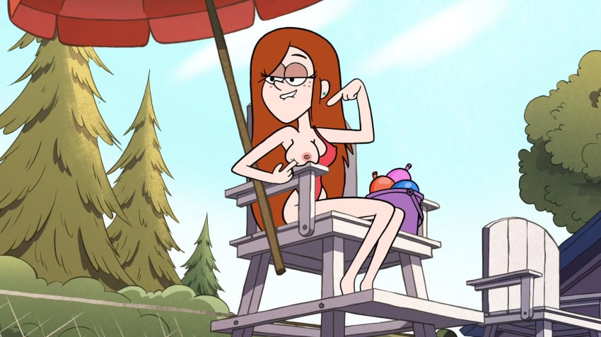 accurate_art_style biting_lip breast_poke breasts disney disney_channel ear_piercing edit gravity_falls lifeguard nipple_bulge nipples one_breast_out pointing razafrazz red_hair screenshot screenshot_edit seductive_look straight_hair swimsuit water_balloon wendy_corduroy