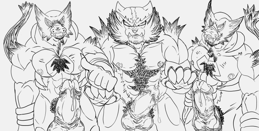 anthro bara hi_res incineroar legendary_pokémon male_only monochrome nintendo pokémon_(species) pokemon san_jaguar video_games zarude