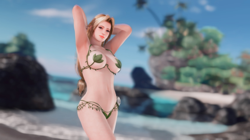 1girls 3d belly blonde_hair blue_eyes curvy dead_or_alive female hands_behind_head helena_douglas large_breasts leaf_bikini leaf_pasties long_hair seaside ukaxsan voluptuous