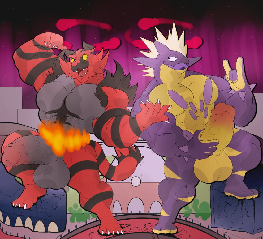 absurd_res amped_toxtricity anthro balls barazoku biceps big_balls big_penis building destruction duo dynamax erection genitals hi_res huge_balls humanoid_genitalia humanoid_penis hyper incineroar incrediblecrocodile macro male male/male male_only micro muscular muscular_male nintendo open_mouth penis pokémon_(species) pokemon purple_body toxtricity video_games