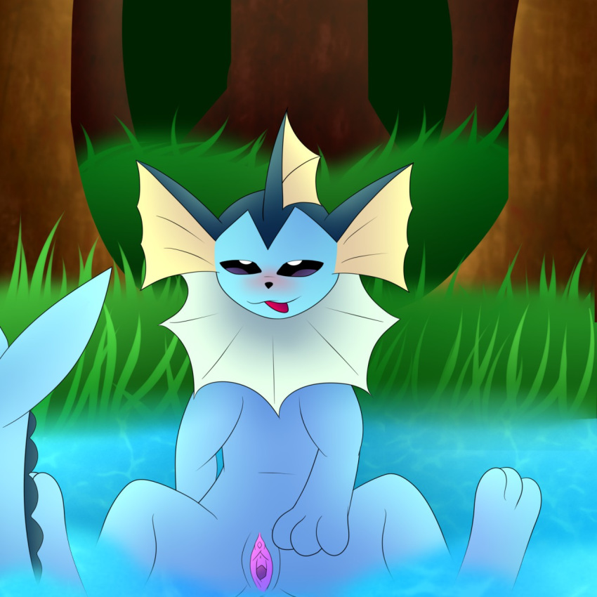 1:1 blush eeveelution female feral genitals grass hi_res lake nintendo pokémon_(species) pokemon pussy solo tongue tongue_out tree umbry00 vaporeon video_games water