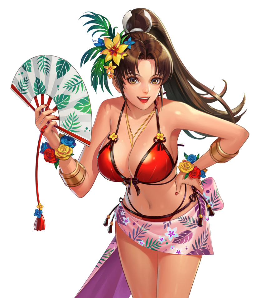 1girls alternate_costume belly bikini breasts brown_eyes brown_hair cleavage curvy fan fatal_fury female female_only flower_bracelet flower_in_hair hand_fan hand_on_hip huge_breasts human human_only king_of_fighters large_breasts leaning_forward long_hair long_ponytail mai_shiranui midriff navel necklace necklace_between_breasts ponytail red_bikini ryuganstudios sarong smile snk solo voluptuous