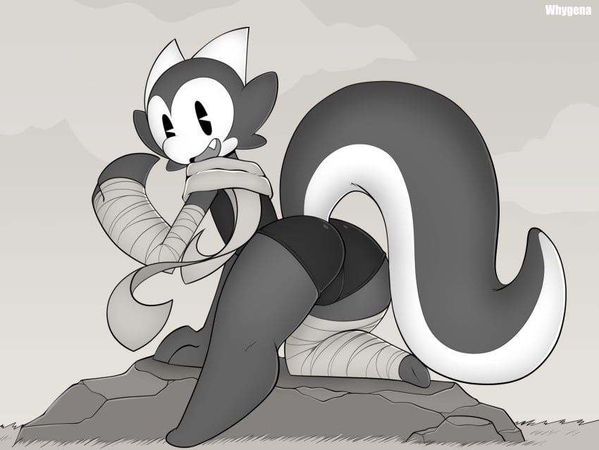 anthro ass_focus back_view bandages black_and_white claws evelyn_(whygena) female female_only horns kobold looking_at_viewer looking_back pac-man_eyes scarf smile tail tight_clothing whygena whygena-draws