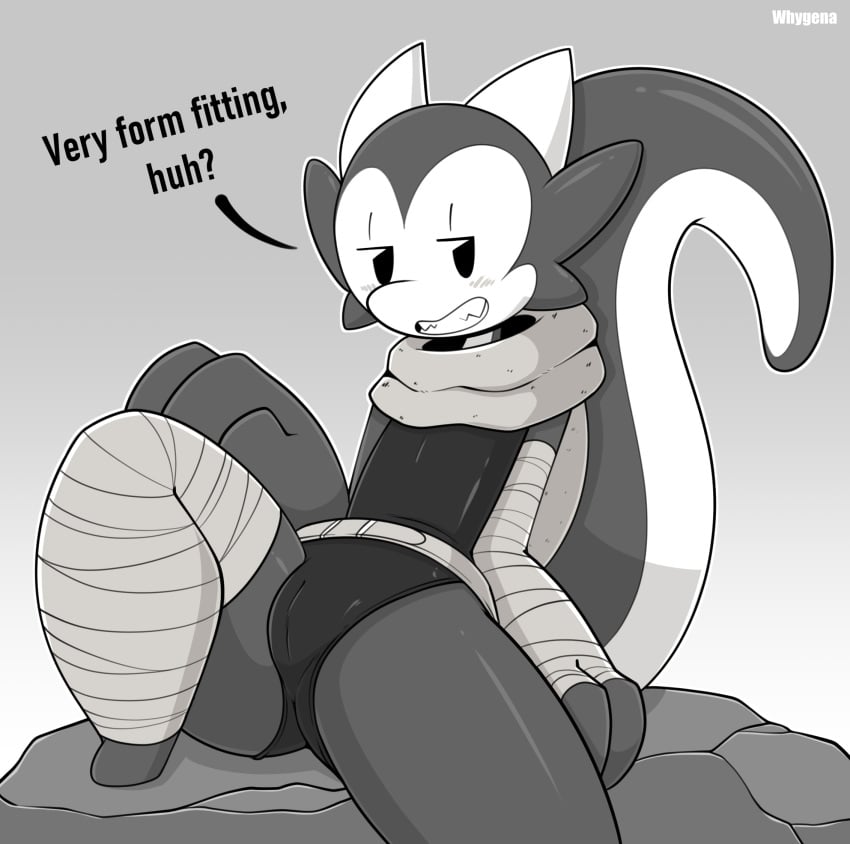 anthro bandages bedroom_eyes belt black_and_white claws evelyn_(whygena) female horns kobold pac-man_eyes tail tight_clothing whygena whygena-draws