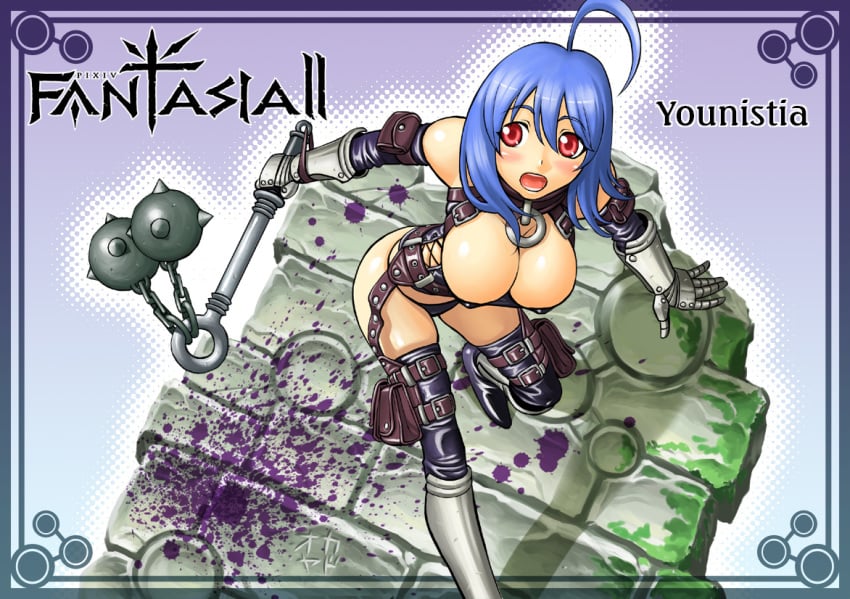 bikini_armor blue_hair cleavage fantasy female female_warrior large_breasts looking_back maze okayado open_mouth original original_character red_eyes short_hair skimpy_clothes smiling thong