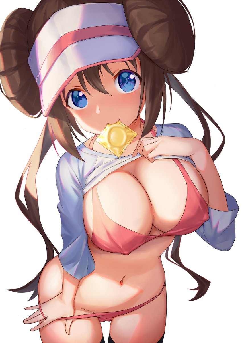 1girls big_breasts blue_eyes bra brown_hair condom condom_in_mouth double_bun eye_contact female hat large_breasts long_hair looking_at_viewer nintendo pale-skinned_female pale_skin panties_down pink_panties pokemon pokemon_bw2 rosa_(pokemon) skirt_lift thighhighs twintails undressing yasei_no_chimpanzee