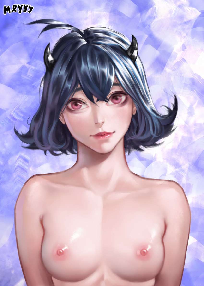 artmeyyy black_clover black_hair breasts female horns looking_at_viewer naked nude pink_eyes plain_background secre_swallowtail short_hair small_breasts smile watermark