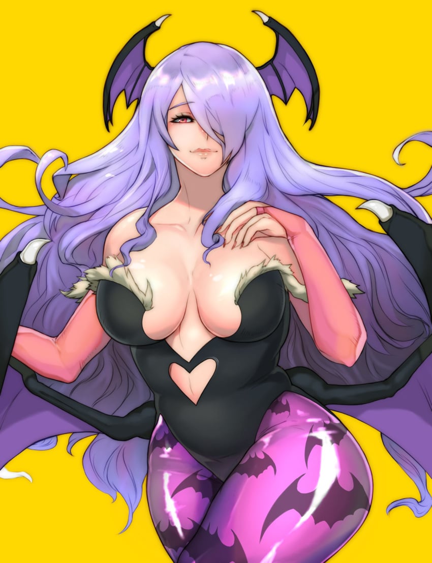 1girls big_breasts camilla_(fire_emblem) cerealex clothing cosplay darkstalkers demon_wings female fire_emblem fire_emblem_fates large_breasts long_hair morrigan_aensland_(cosplay) nintendo one_eye_covered pink_eyes purple_hair red_eyes small_breasts solo solo_female succubus wings yellow_background