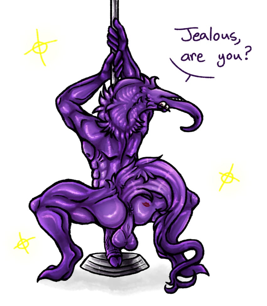 anthro anus ass back_view balls kiss_mark male male_only original_character penis pole_dancing purple_fur raised_tail squatting worm_on_a_string