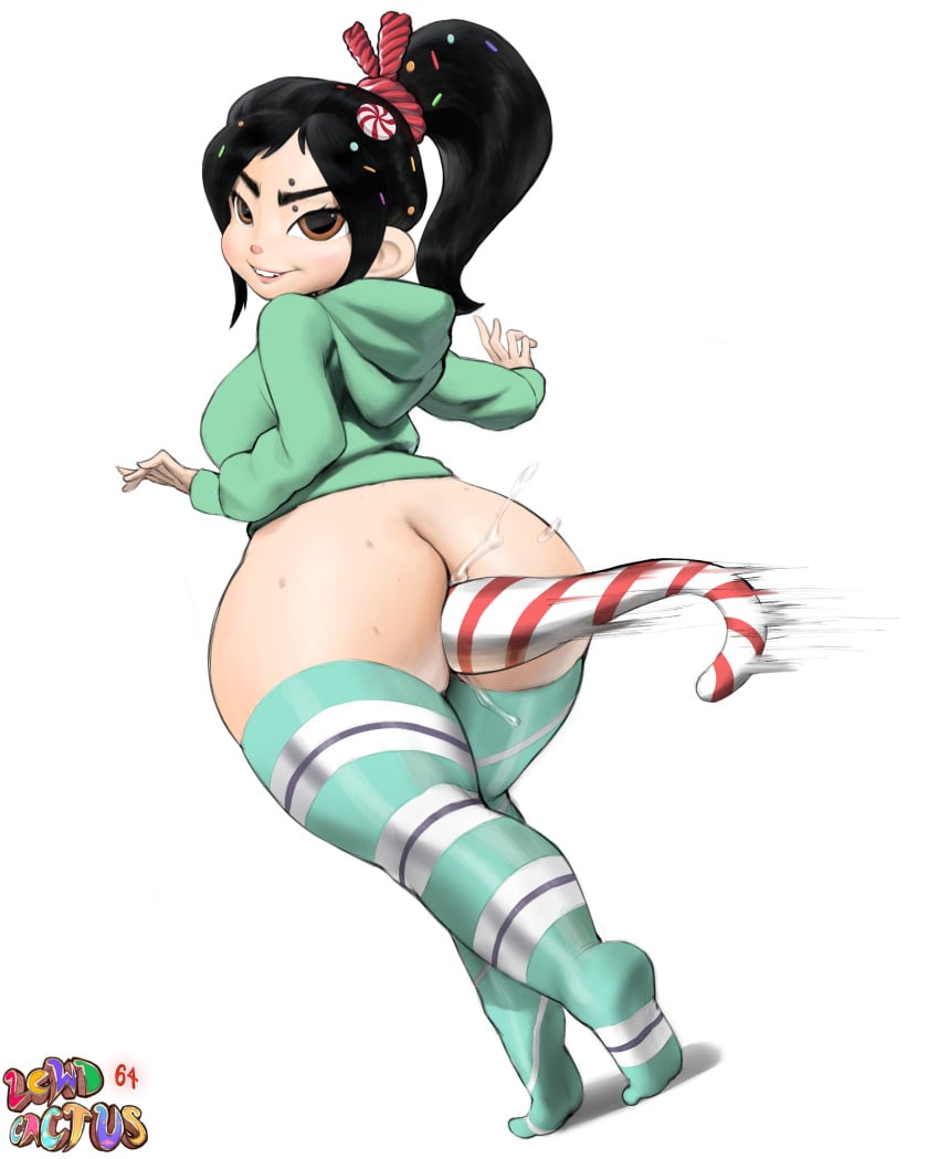 absurdres anal anal_insertion ass black_hair breasts brown_eyes candy candy_cane commentary disney ear female food green_legwear green_sweater grin hair_ornament highres hood hooded_sweater hoodie lewdcactus long_hair namespace older ponytail shortstack smile solo sweat sweater thick_eyebrows thick_thighs thighhighs thighs vanellope_von_schweetz white_background wreck-it_ralph