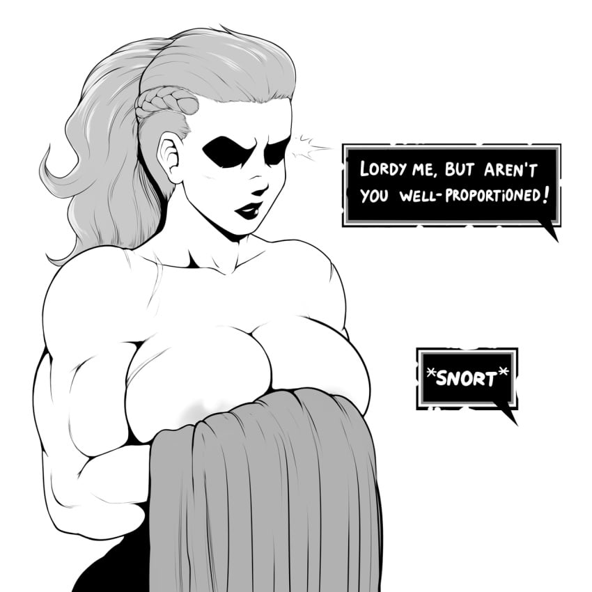 1girls busty darkest_dungeon female female_only female_solo hellion_(darkest_dungeon) monochrome muscular muscular_female naked ponytail redboard scar simple_background solo text text_box towel