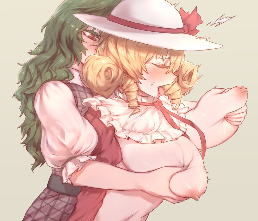 2girls absurdres beige_background blonde_hair blush bow breast_grab breast_massage breasts breasts_out closed_eyes collar collared_dress curly_hair dress drill_hair elly_(touhou) frilled_collar frills grabbing grabbing_from_behind green_hair hat hat_bow highres huge_filesize large_breasts long_hair medium_hair moaning multiple_girls nipples open_clothes open_mouth plaid plaid_vest red_eyes senmuts simple_background straight_hair sweat tongue tongue_out touhou touhou_(pc-98) upper_body vest yuka_kazami yuri