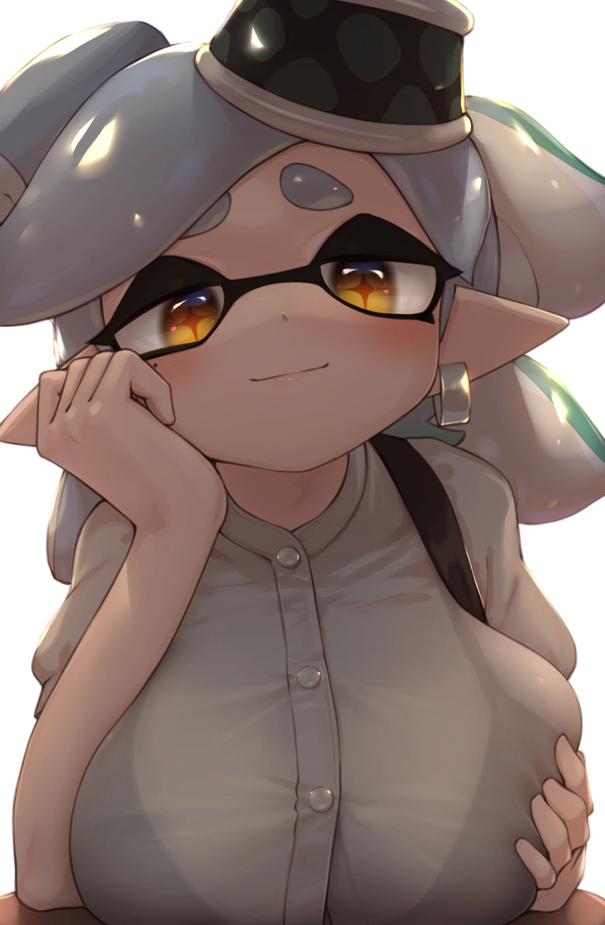 +_+ 1girls 5_fingers agent_4_(splatoon) arm_support breasts buttons clothed clothes clothing domino_mask earrings female female_only hands_on_own_chest hizake huge_breasts inkling kashu_(hizake) large_breasts looking_at_viewer marie_(splatoon) mole mole_under_eye nintendo pale_skin pointy_ears solo solo_female splatoon splatoon_2 symbol-shaped_pupils tentacle tentacle_hair unusual_pupils white_hair yellow_eyes yellow_pupils