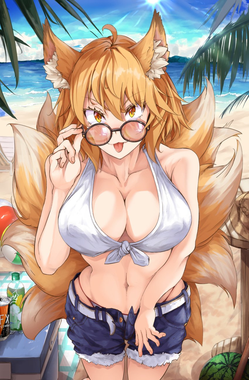 :p adjusting_eyewear adjusting_glasses ahoge animal_ear_fluff animal_ears ball beach bikini bikini_bottom bikini_top blonde_hair blue_shorts blue_sky bottle breasts brown-tinted_eyewear buttons can closed_mouth cloud day denim denim_shorts female fox_ears fox_girl fox_tail front-tie_top glasses large_breasts looking_at_viewer looking_over_eyewear looking_over_glasses mahimaru multiple_tails navel ocean open_clothes open_fly open_shorts orange-tinted_eyewear outdoors ran_yakumo sand short_hair shorts sky slit_pupils smile solo sun sunglasses swimsuit tail tinted_eyewear tongue tongue_out touhou unbuttoned white_bikini yellow_eyes