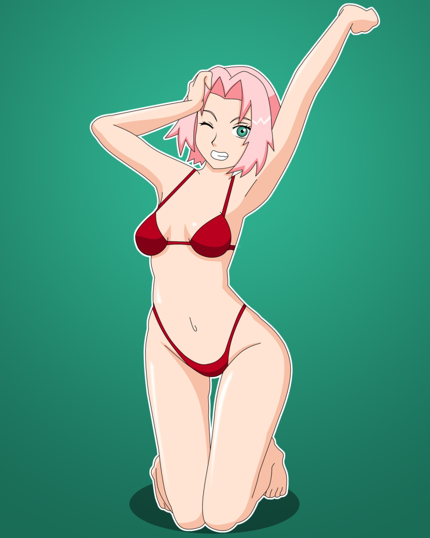 1girls arms_up barefoot bikini feet female female_only green_eyes kneeling naruto naruto_(series) naruto_shippuden one_eye_closed pervyangel pink_hair sakura_haruno smile solo wide_hips