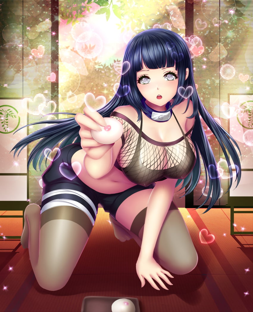 barefoot bent_over big_breasts blue_hair bra breasts cleavage cookie erect_nipples feeding female female_only fishnet_shirt fishnets hyuuga_hinata kneeling long_hair looking_at_viewer naruto naruto_(series) naruto_shippuden see-through stockings violet_eyes xuahannin