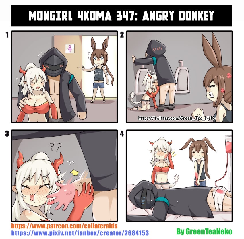 1boy 2girls 4koma ^_^ absurdres amiya_(arknights) anger_vein animal_ears arknights arm_around_shoulder bandages blood blood_bag blue_eyes blush breasts brown_hair bunny_ears cleavage closed_eyes comedy doctor_(arknights) fellatio funny greenteaneko highres horns humor jacket kneeling large_breasts mongirl_4koma multiple_girls navel nian_(arknights) open_mouth oral page_347 penis penis_slapping_face ponytail short_shorts shorts slapping slapping_with_penis smile straight tail tank_top tears turn_pale urinal white_hair