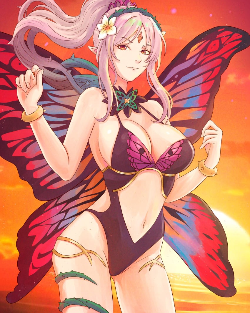 1girls absurdres animal_print bare_shoulders black_swimsuit bracelet breasts brown_eyes butterfly_print butterfly_wings cleavage cowboy_shot facial_mark fairy_wings female female_only fire_emblem fire_emblem_heroes forehead_mark grey_hair highres jewelry large_breasts leotard navel nintendo official_alternate_costume one-piece_swimsuit plant plumeria_(fire_emblem) plumeria_(summer)_(fire_emblem) ponytail smile solo sunset swimsuit thorns truejekart twilight vines wings