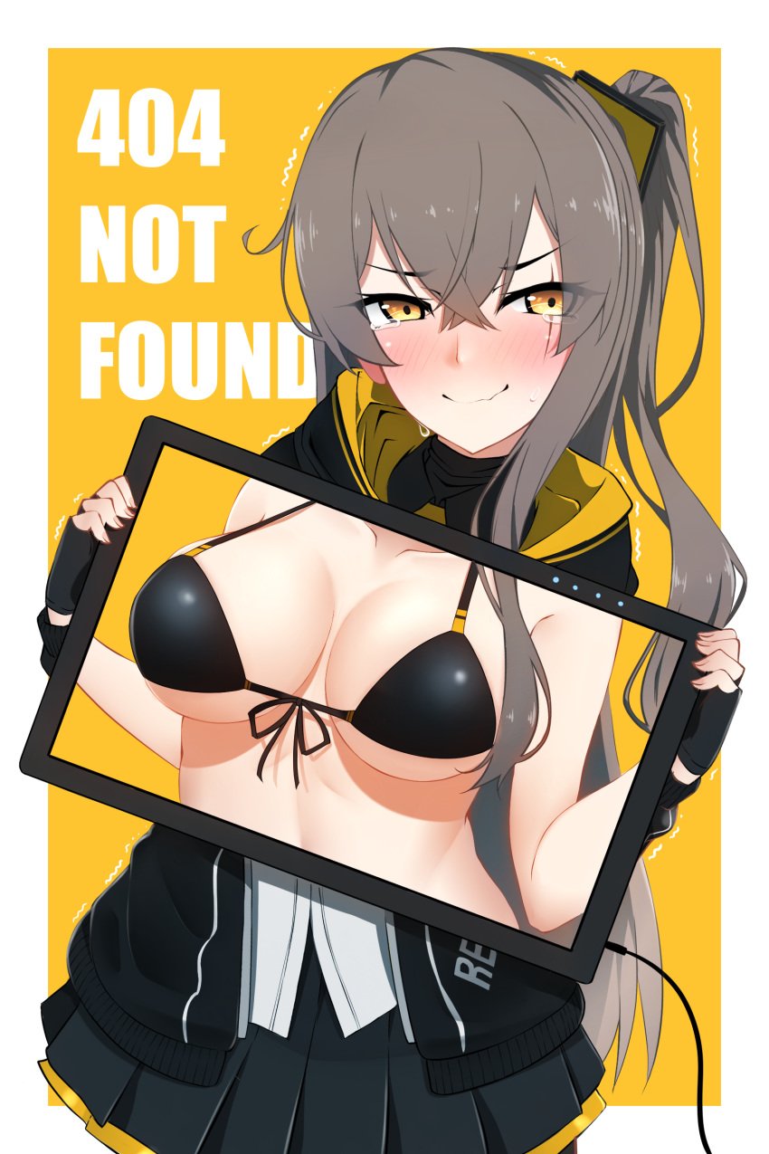 1girls 404_(not_found_error) absurdres bikini_top black_bikini_top black_skirt blush breast_conscious breasts collarbone crying embarrassed eye_scar facial_scar female female_only fingerless_gloves front-tie_bikini front-tie_top front_view girls'_frontline gloves green_eyes hi_res highres human jacket large_breasts long_hair nervous ponytail scar skirt solo tears text ump45_(girls'_frontline) underwear very_long_hair wavy_mouth x-ray x-ray_vision yellow_eyes z.taiga