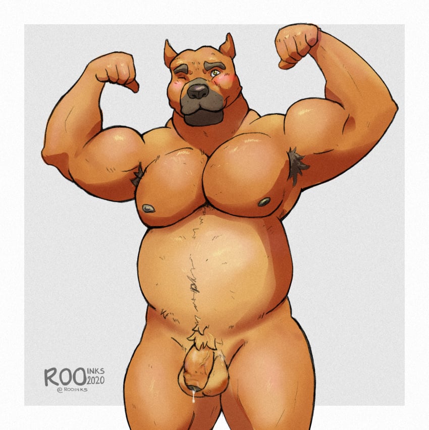 anthro balls belly biceps big_balls biped black_body black_fur blush bodily_fluids brown_body brown_fur canid canine canis cum cum_drip cum_leaking domestic_dog dripping flexing fur genital_fluids genitals hi_res humanoid_genitalia humanoid_penis male male_only mammal musclegut nipples nude one_eye_closed overweight overweight_anthro overweight_male penis pit_bull pubes rooinks shy simple_background slightly_chubby smile solo thick_neck thick_penis thick_thighs uncut wink yellow_eyes