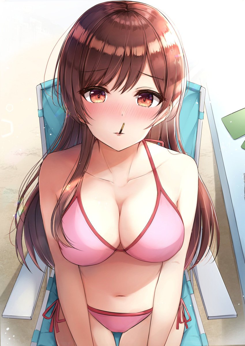 bangs bikini blush breasts brown_eyes brown_hair cleavage day eyebrows_visible_through_hair female halterneck kanojo_okarishimasu large_breasts long_hair looking_at_viewer mizuhara_chizuru navel nose_blush pink_bikini pocky side-tie_bikini sitting solo stomach swimsuit thigh_gap yukiunag1