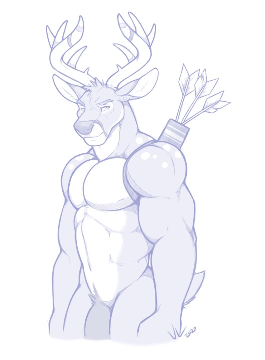 2020 alpha_male anthro antlers arrow biceps cervid digital_media_(artwork) dissimulated ear_piercing eyebrows featureless_chest flaccid fur genitals greyscale hi_res horn looking_at_viewer male male_only mammal monochrome muscular muscular_anthro muscular_male nude pecs penis piercing quiver simple_background solo spots spotted_body spotted_fur white_background