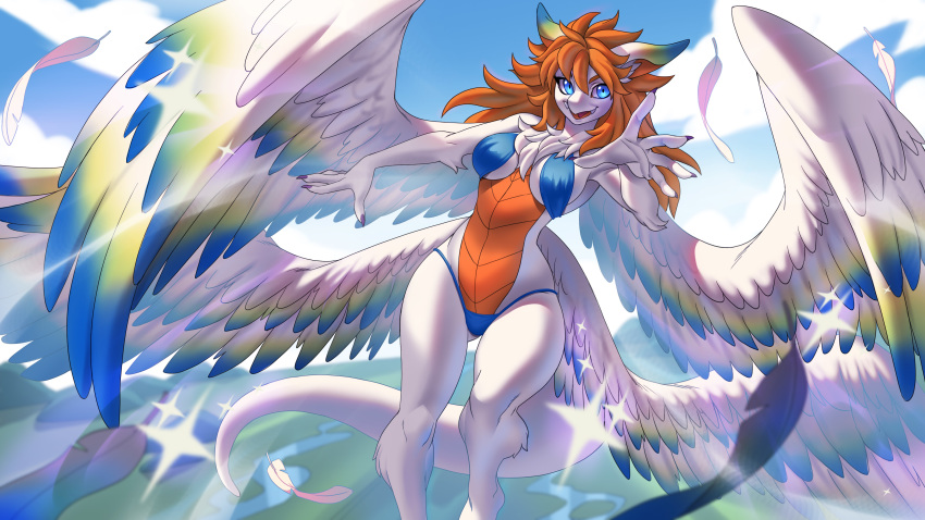 1girls 2020 5_fingers absurd_res alanscampos anthro bikini blue_eyes breasts claws covered_breasts digital_media_(artwork) dragon feathered_wings feathers female fingers flammie hair hi_res loose_feather mana_(series) orange_hair patreon solo square_enix swimwear trials_of_mana video_games wings