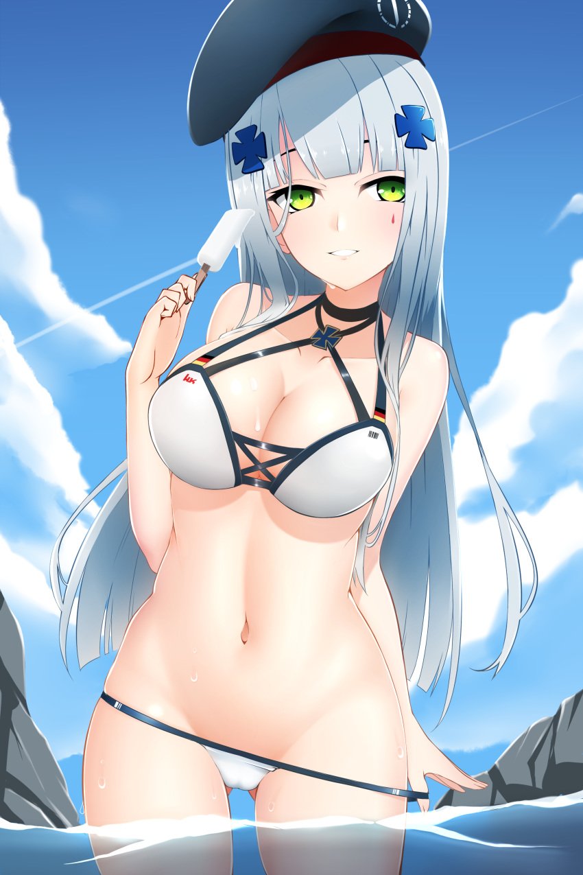 1girls absurdres bangs beret bikini bikini_tug blush clouds cowboy_shot dripping_popsicle facial_markings female female_only food food_on_breasts front_view girls'_frontline green_eyes hair_ornament hat highres hk416_(girls'_frontline) holding_food human iron_cross long_hair looking_at_viewer multi-strapped_bikini outdoors partially_submerged popsicle sky smile solo sweat thigh_gap very_long_hair water white_bikini z.taiga