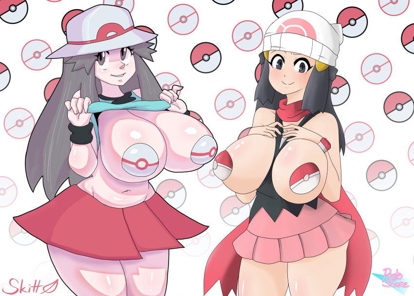 2girls bad_censor big_breasts blush censored covered_nipples covering dark_blue_eyes dark_blue_hair dawn_(pokemon) female_only grey_eyes grey_hair hat huge_breasts large_breasts leaf_(pokemon) nintendo pale-skinned_female pale_skin pasties poke_ball_pasties pokemon pokemon_dppt pokemon_rgby protoscene skirt skitterleaf thick_thighs thighs wide_hips