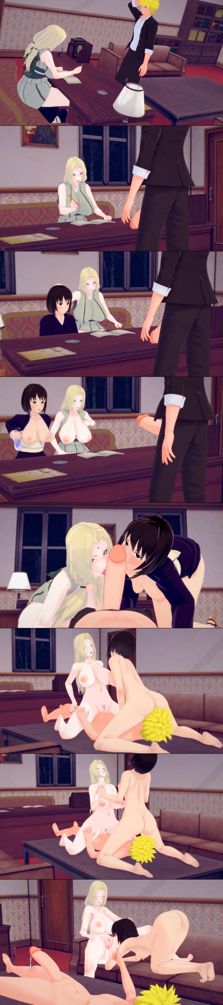 1boy 2girls 3d after_sex ahe_gao big_breasts big_penis bisexual blowjob blush breasts breasts_out cum cum_drip cum_in_pussy cum_overflow cunnilingus face_down_ass_up fellatio ffm_threesome holding_hair holding_hands koikatsu licking naruto naruto_(series) oppai113 penis pov_eye_contact reverse_spitroast sex shizune smile straight thumbs_up tsunade under_the_table uzumaki_naruto