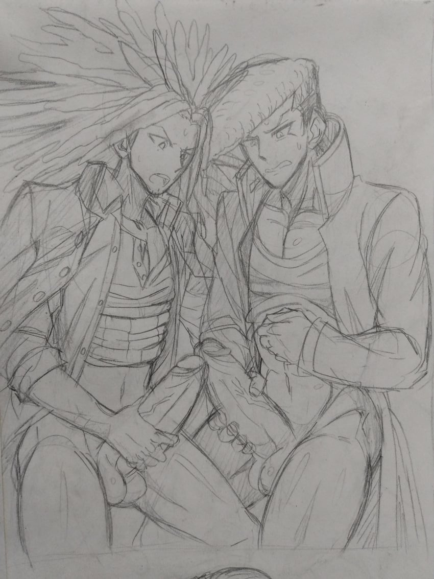 2boys balls buranko! burankoprn clothed danganronpa danganronpa:_trigger_happy_havoc dreadlocks hagakure_yasuhiro masturbation mondo_oowada penis pompadour smooth_skin traditional_media_(artwork) yaoi