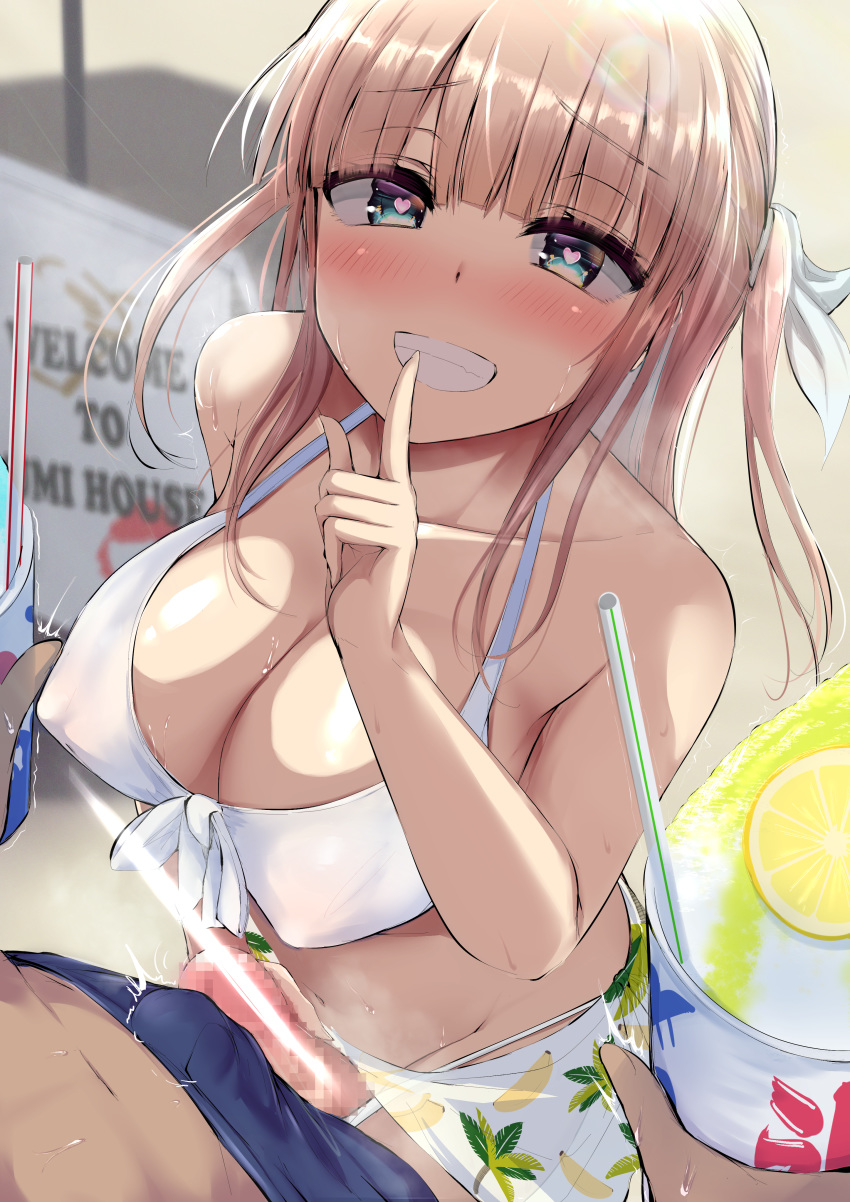 1boy 1futa absurd_res absurdres akiamare banana_print bangs bikini blue_eyes blush breasts censored collarbone covered_nipples cup drinking_straw english_text erection eyebrows_visible_through_hair female finger_to_mouth front-tie_bikini front-tie_top futa_with_male futanari grin heart heart-shaped_pupils highres horny huge_filesize index_finger_raised large_breasts light_brown_hair long_hair looking_at_viewer male male_swimwear mosaic_censoring multiple_penises navel nose_blush original penis penises_touching pov sarong shaved_ice shushing smile solo_focus sweat swim_trunks swimsuit swimwear symbol-shaped_pupils two_side_up white_bikini