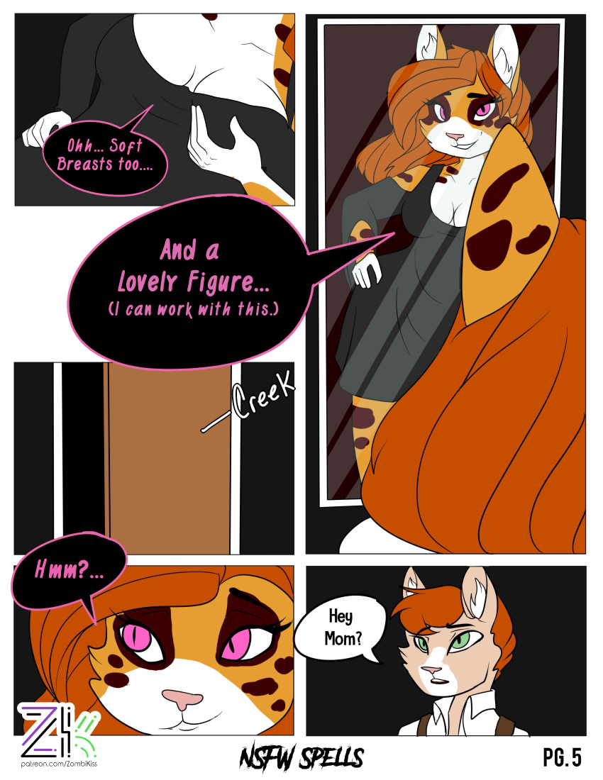 absurd_res anthro comic demon domestic_cat english_text eon_(zombikiss) felid feline felis female hazel_(zombikiss) hi_res incest magic_user mammal mother nsfw_spells page_5 page_number parent patreon_reward pg5 son spells summoning text url witch witchcraft zombikiss