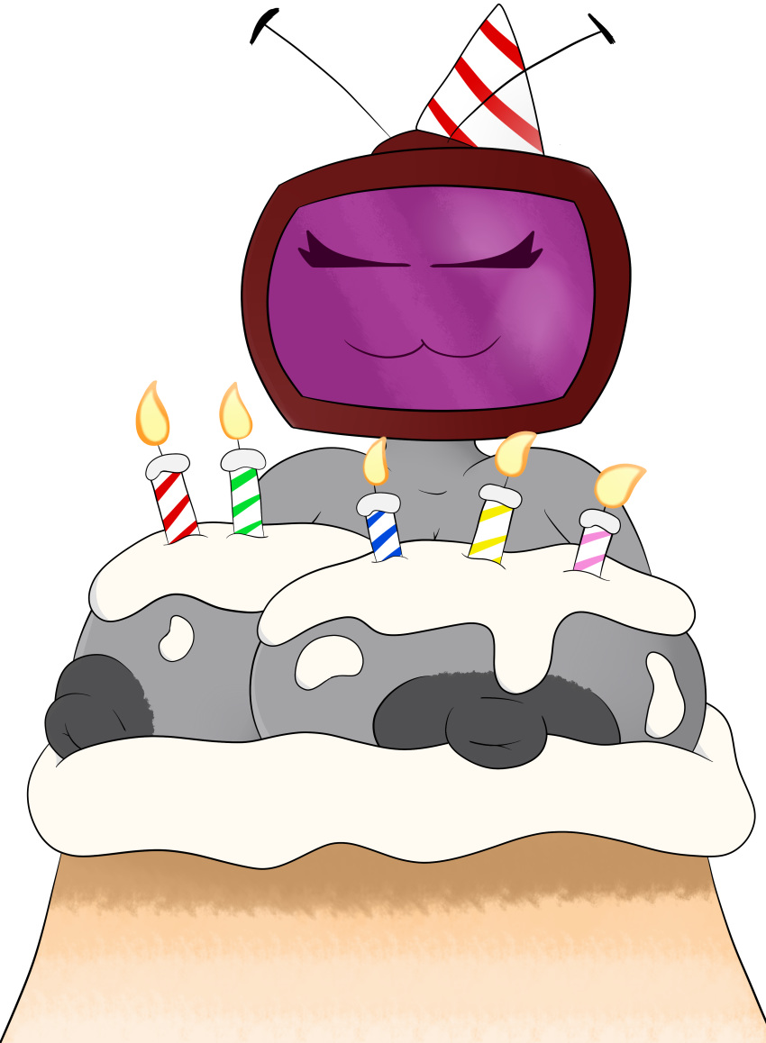 :3 areolae birthday birthday_cake birthday_hat boobs breast breasts cake candle female female_focus female_only fire flame large_breast messy nipples party_hat resting_breasts robot terebi terebision tits tv_head