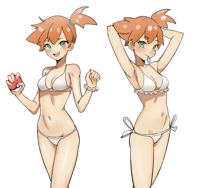 1girls already_uploaded armpits arms_up asymmetrical_hair bikini bikini_top blush breasts female female_only green_eyes high_resolution kasumi_(pokemon) kiritzugu looking_at_viewer medium_breasts nintendo no_nose poke_ball pokemon pokemon_rgby ponytail side_ponytail solo swimsuit tied_hair tummy very_high_resolution white_background white_bikini white_swimsuit wide_hips