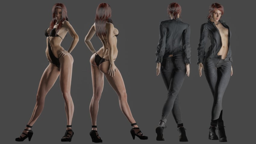 1girls 3d 3d_(artwork) ass bikini boots bottomwear breasts clothed clothing control female female_only footwear heel_boots high_heels human jacket jesse_faden legs long_legs marcelievsky medium_breasts no_bra open_jacket outerwear pants red_hair solo swimsuit tight_clothing tight_pants toned toned_female topwear turnaround