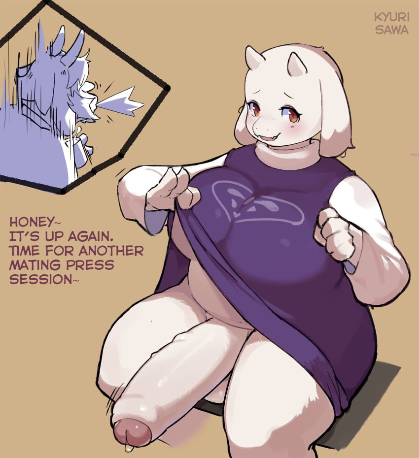 2020 anthro asgore_dreemurr balls big_breasts big_penis boss_monster bovid breasts caprine chubby clothed clothing dialogue english_text erection erection_under_skirt fur furry futa_only futanari genitals gynomorph hi_res honeycalamari horn humanoid_genitalia humanoid_penis imminent_sex mammal penis precum presenting_penis simple_background smile spitting_drink text toriel uncut undertale video_games white_body white_fur