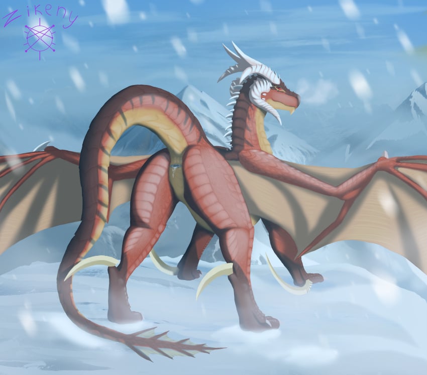 absurd_res animal_genitalia anus ass ass_up clitoris cloaca cute_face dragon female feral genitals hi_res horn mountain multicolored_body presenting presenting_hindquarters raised_tail rear_view scaile scalie smile snow solo solo_focus western_dragon wings zikeny