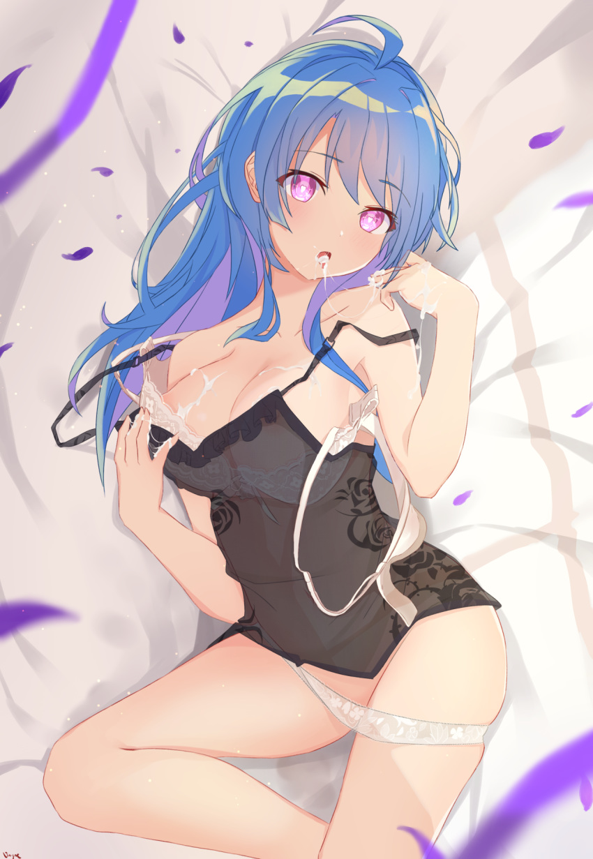 1girls azur_lane bed_sheet blue_hair cum eagle_union_(azur_lane) female female_only helena_(azur_lane) light-skinned_female light_skin on_bed panty_pull pink_eyes solo vayneeeee white_bed_sheet