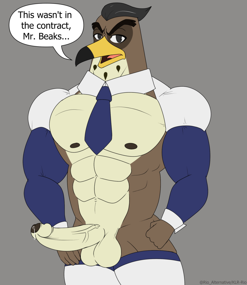 abs animal_humanoid anthro armwear avian avian_humanoid balls beak bird bodily_fluids clothed clothing digital_media_(artwork) disney ducktales_(2017) erection falcon falcon_graves falconid feathers foreskin genital_fluids genitals hair hi_res humanoid klr-rio legwear looking_at_viewer male male_only muscular muscular_male necktie nipples penis precum reverse_bunny_costume simple_background solo speech_bubble text