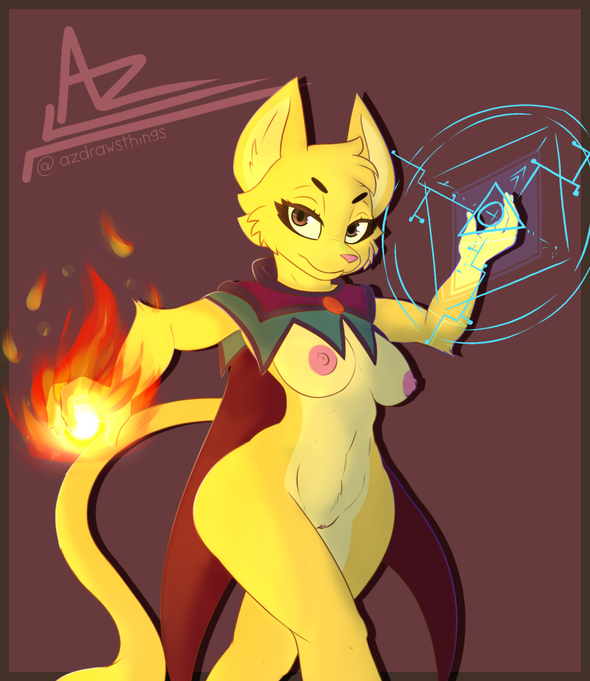 anthro azlech bethesda_softworks breasts cape clothing felid female fire genitals hi_res katia_managan khajiit looking_at_viewer magic mammal mostly_nude nipples prequel pussy solo the_elder_scrolls video_games webcomic