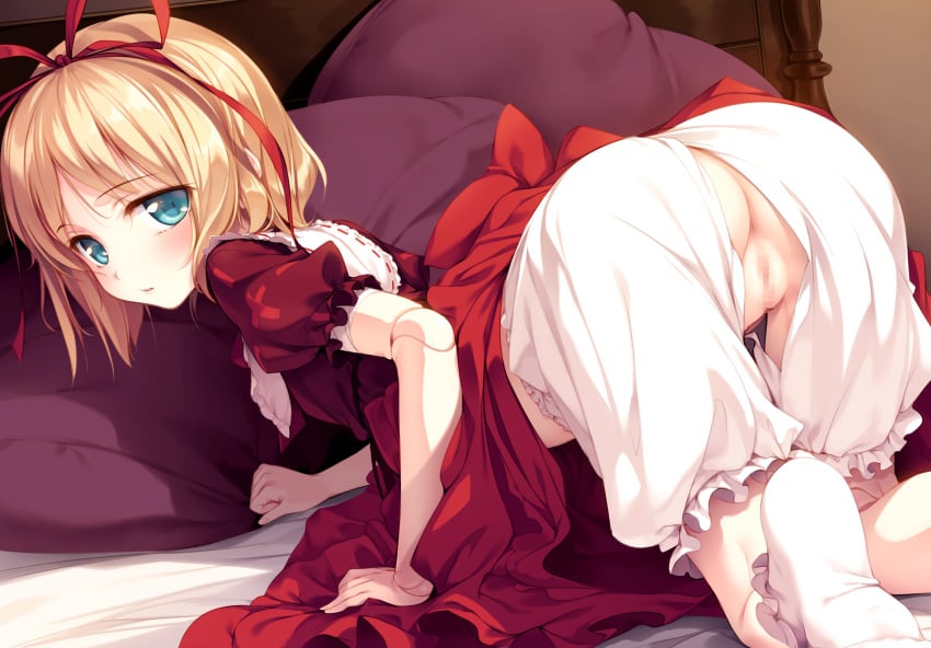 ass blonde_hair blue_eyes censored dress ke-ta medicine_melancholy nopan pussy ribbons short_hair touhou