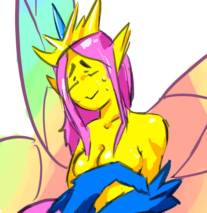 1girls 2020 anonymous_artist bare_shoulders blue_gloves breasts closed_eyes covering_breasts crown elbow_gloves empress_of_light fairy female gloves hair headgear hi_res long_ears long_hair monster_girl pink_hair pointy_ears smile solo sweat terraria topless transparent_background wings yellow_skin