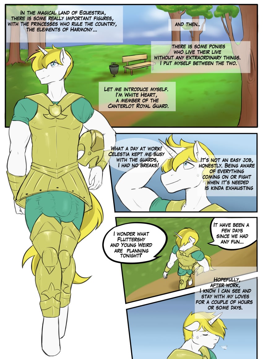 1boy 2018 absurd_res anthro armor blue_eyes chango-tan clothed_male comic comic_page crotch_bulge detailed_background dialogue digital_media_(artwork) english_text erect_penis erection erection_under_clothes friendship_is_magic green_shirt hand_on_hair hasbro helmet hi_res holding_helmet horse horse_ears horse_tail my_little_pony original_character penis_bulge royal_guard_pony speech_bubble steamy_breath sweat sweatdrop talking_to_self text text_box text_bubble unguligrade_anthro unicorn unicorn_horn white_heart_(oc) white_skin yellow_hair yellow_tail