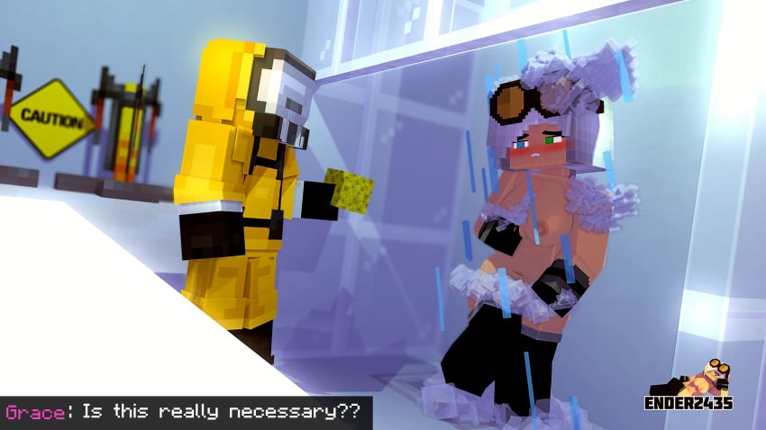 1boy1girl 1girls 3d adult big_breasts black_gloves black_stockings chemicals ender2435 erect_nipples female glasses grace_(ender2435) human looking_at_another looking_at_partner male mine-imator minecraft multicolored_eyes nude shower stockings white_hair