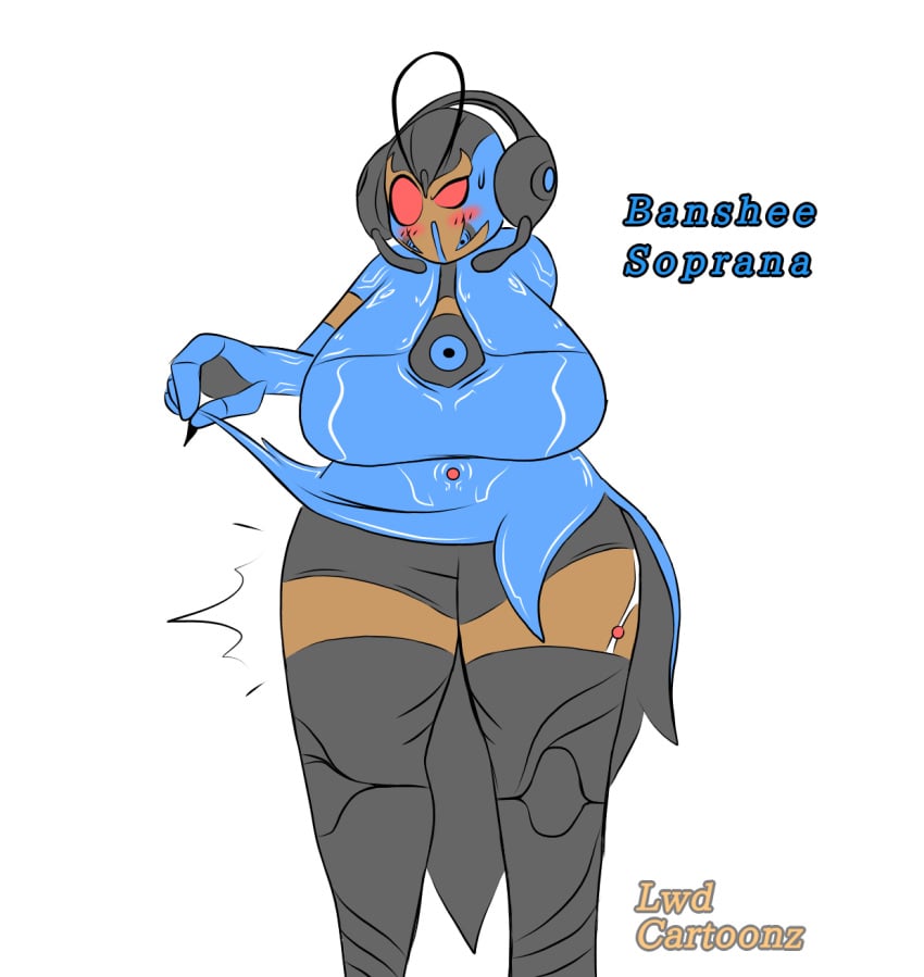 alien banshee_(warframe) big_breasts big_breasts blush breasts breasts clothed dark_skin female_only fully_clothed garter_belt garter_straps huge_breasts humanoid large_breasts lwd_cartoonz ninja ripped_clothing skirt sweatdrop thick_legs thick_thighs upskirt video_games warframe