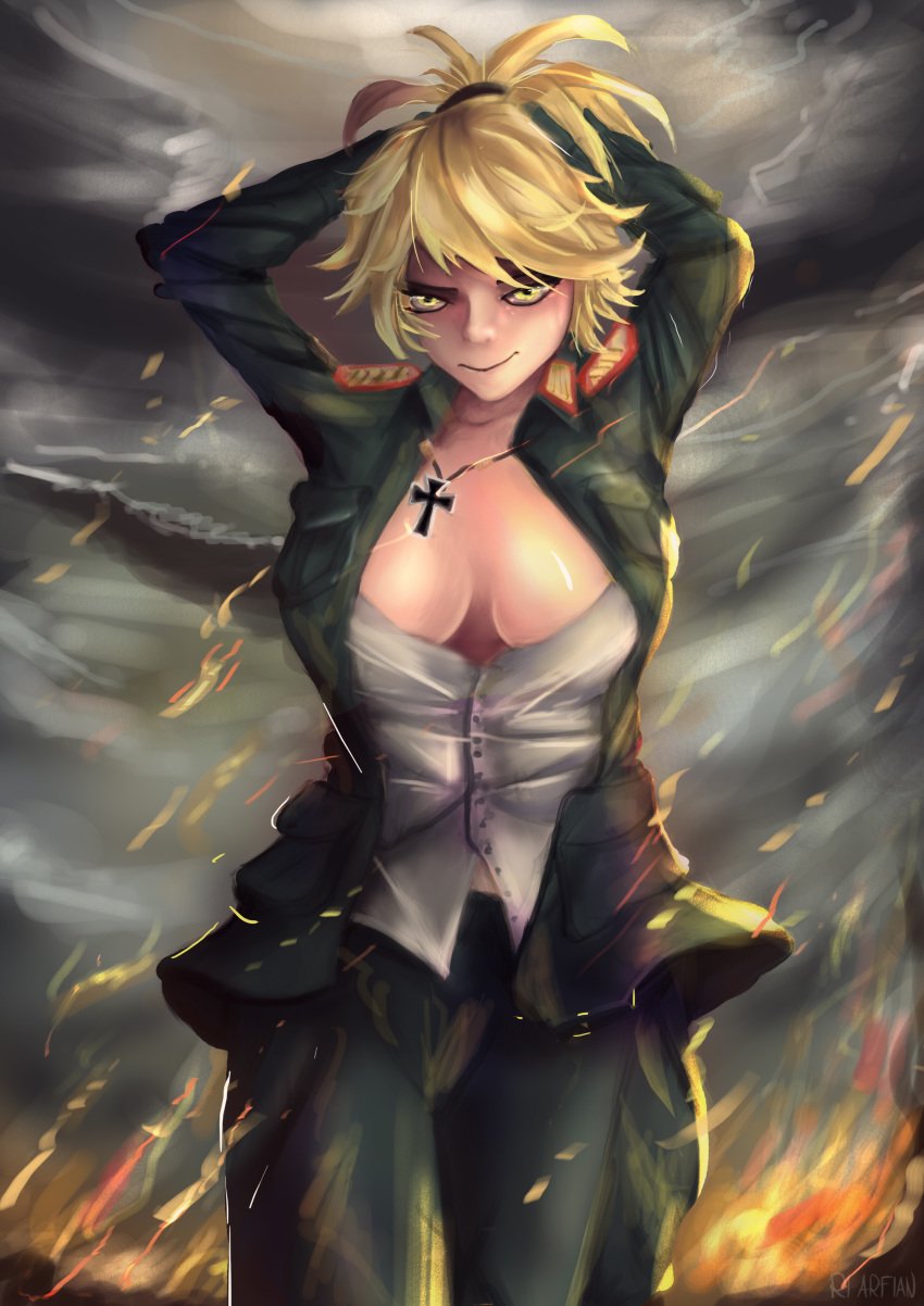 1girls aftermath big_breasts blonde_hair canon_genderswap cleavage clothed cross evil_smile female female_focus female_only fire green_jacket hand_on_hair hand_on_head hand_up hands_up large_breasts loose_clothes messy_clothes messy_hair military military_jacket military_uniform nazi outdoors outside ponytail riarfian rim_light shiny_breasts shiny_skin short_hair smirk smirking tanya_degurechaff yellow_eyes youjo_senki